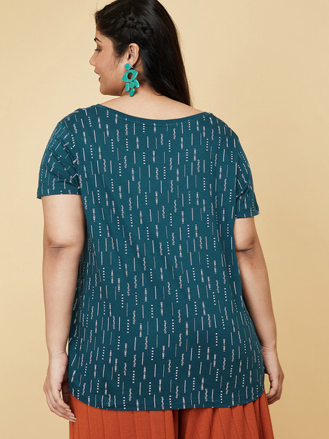 max Plus Size Women Teal Printed Pure Cotton T-shirt - Image 4