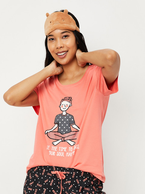 max Women Peach-Coloured & Black Printed Pure Cotton Night suit