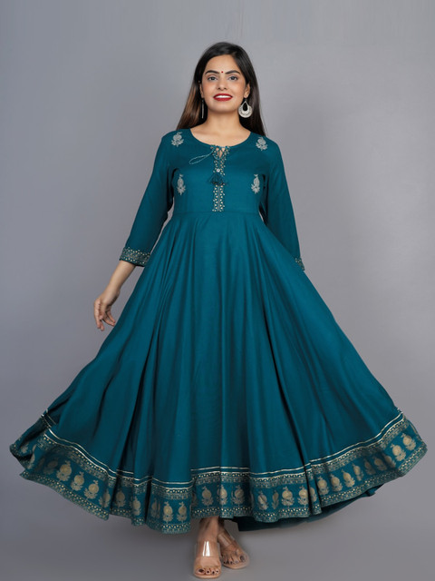 KALINI Women Green Ethnic Motifs Embroidered Keyhole Neck Anarkali Kurta