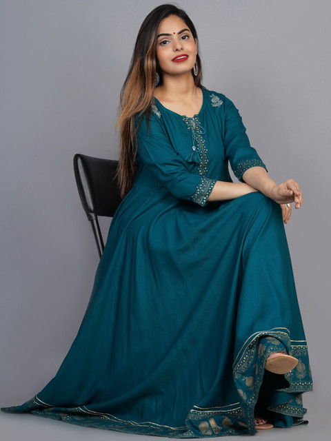 KALINI Women Green Ethnic Motifs Embroidered Keyhole Neck Anarkali Kurta - Image 6