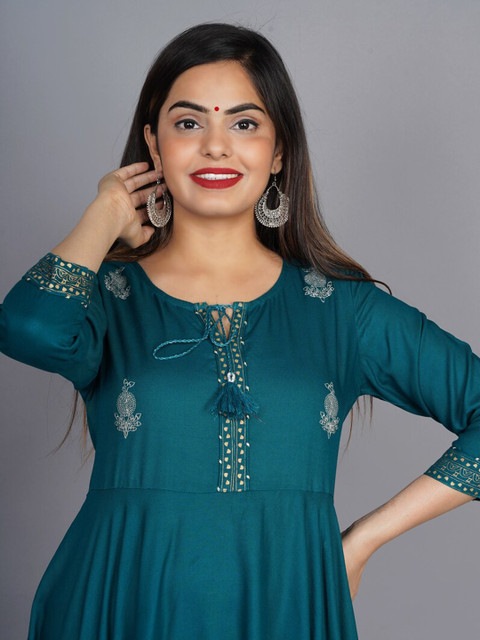 KALINI Women Green Ethnic Motifs Embroidered Keyhole Neck Anarkali Kurta - Image 7