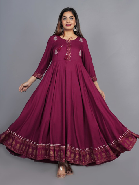 KALINI Women Maroon Floral Embroidered Anarkali Kurta
