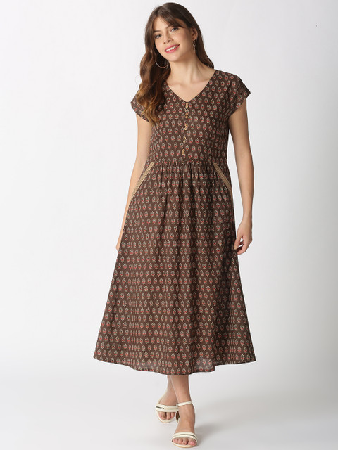 Saffron Threads Women Brown Ethnic Motifs Printed Cotton Midi Dress