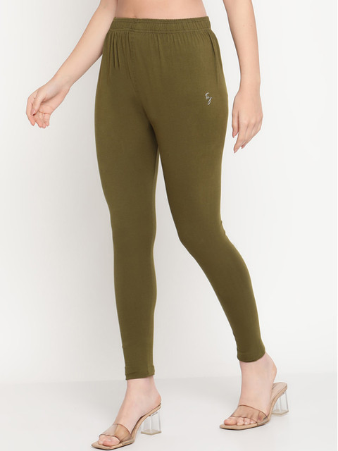 TAG 7 Women Olive Green Women Solid Comfort Fit Ankle-Length Cotton Leggings - Image 3
