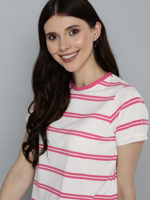Mast & Harbour Women White & Pink Striped T-shirt