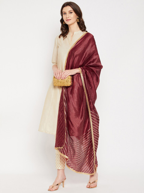 Clora Creation Brown & Gold-Toned Striped Sequined Gotta Patti Dupatta - Image 5