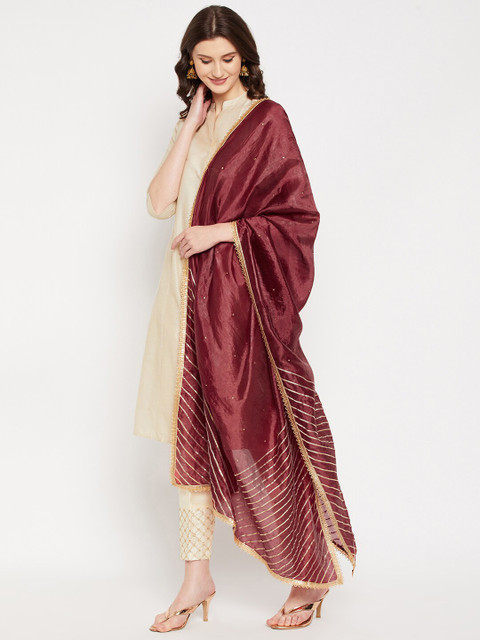 Clora Creation Brown & Gold-Toned Striped Sequined Gotta Patti Dupatta - Image 3