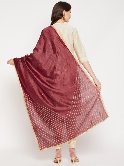 Clora Creation Brown & Gold-Toned Striped Sequined Gotta Patti Dupatta - Image 4