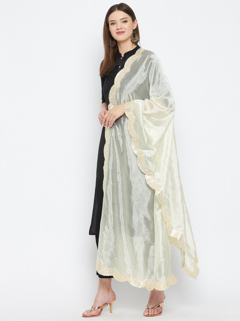 Clora Creation Women Off White & Gold-Toned Dupatta with Beads and Stones - Image 3