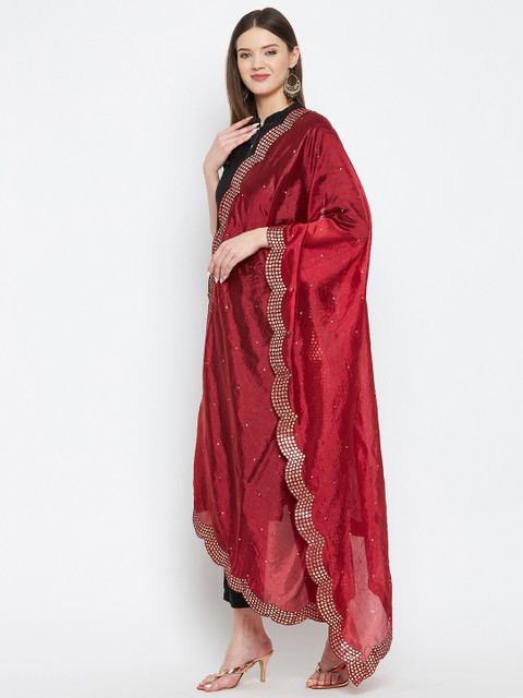 Clora Creation Maroon Embroidered Dupatta with Mirror Work - Image 3