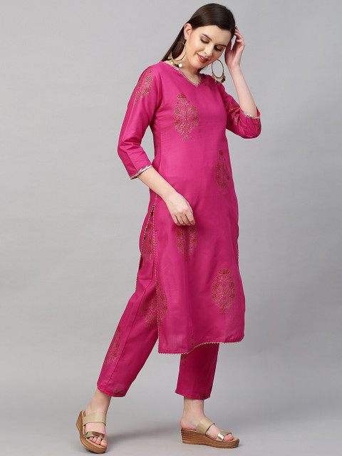 KALINI Women Pink Floral Printed Kurta with Trousers & With Dupatta