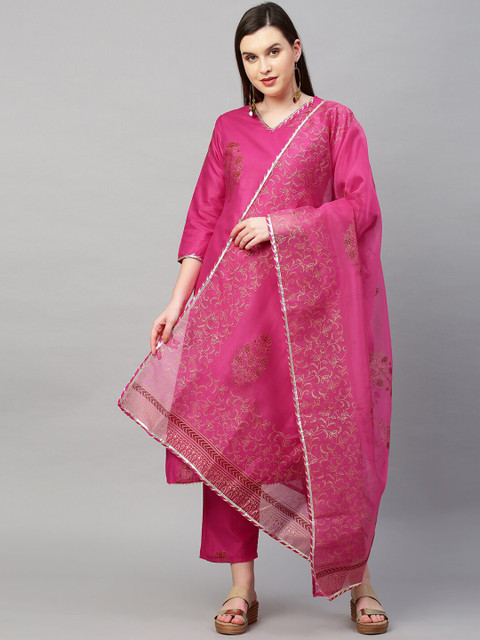 KALINI Women Pink Floral Printed Kurta with Trousers & With Dupatta