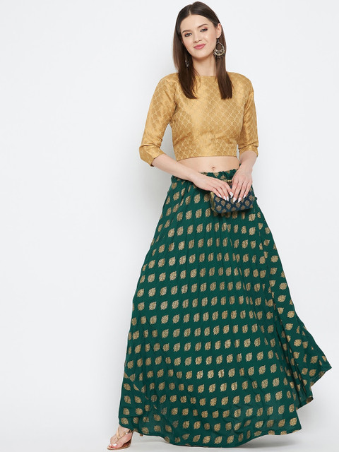 Clora Creation Bottle-Green & Gold-Colored Printed Flared Maxi Skirt - Image 5