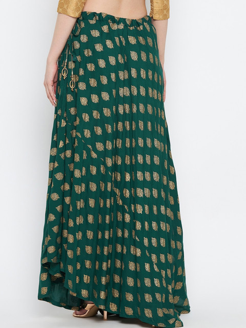 Clora Creation Bottle-Green & Gold-Colored Printed Flared Maxi Skirt - Image 4