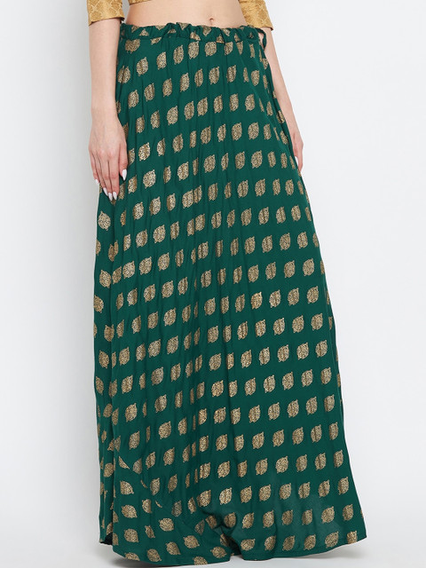 Clora Creation Bottle-Green & Gold-Colored Printed Flared Maxi Skirt - Image 2