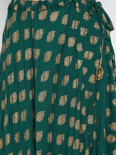 Clora Creation Bottle-Green & Gold-Colored Printed Flared Maxi Skirt - Image 6