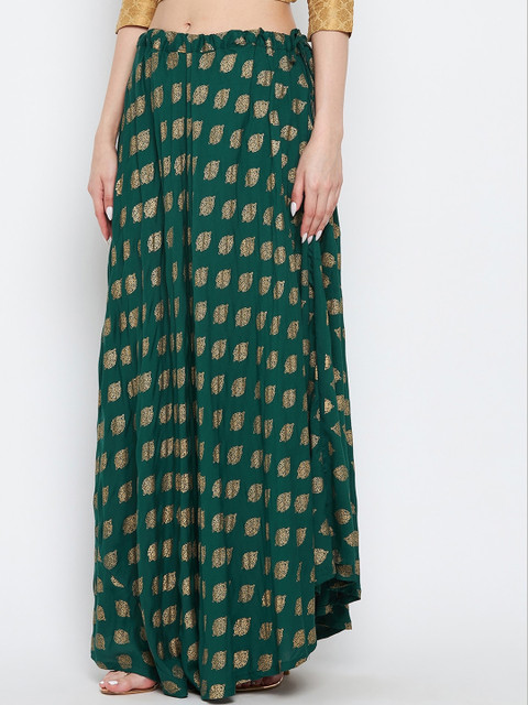 Clora Creation Bottle-Green & Gold-Colored Printed Flared Maxi Skirt - Image 3