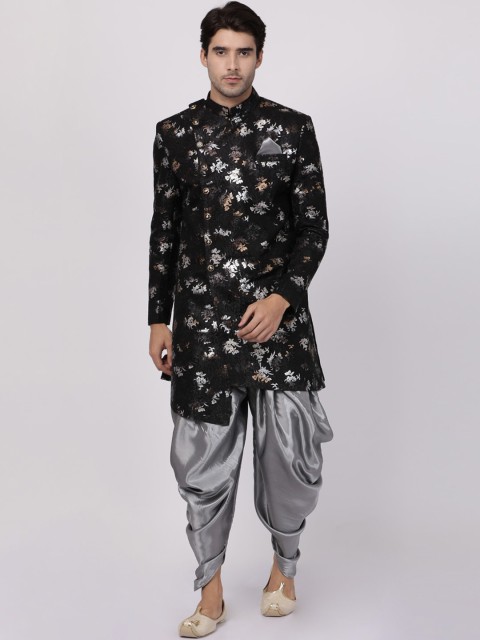 VASTRAMAY Men Black & Silver-Toned Floral Printed Sherwani Set