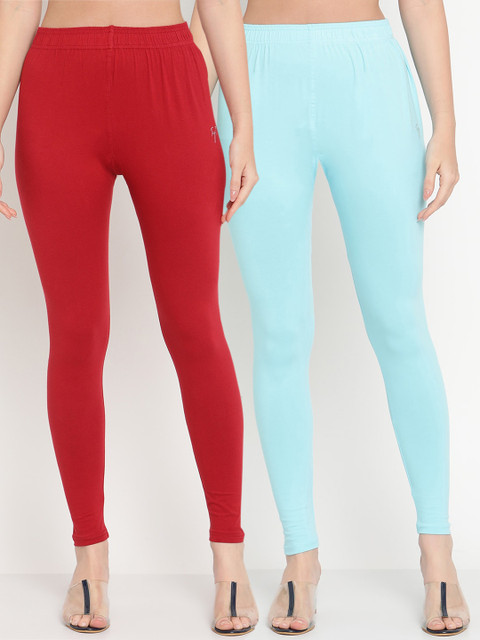 TAG 7 Women Maroon & Blue Solid Ankle-Length Leggings Pack Of 2