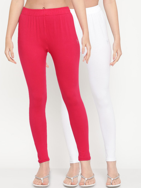 TAG 7 Women Pack Of 2 White & Pink Solid Ankle Length Leggings