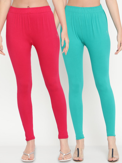 TAG 7 Women Pack Of 2 Red and Turquoise Blue Solid Comfort-Fit Ankle-Length Leggings
