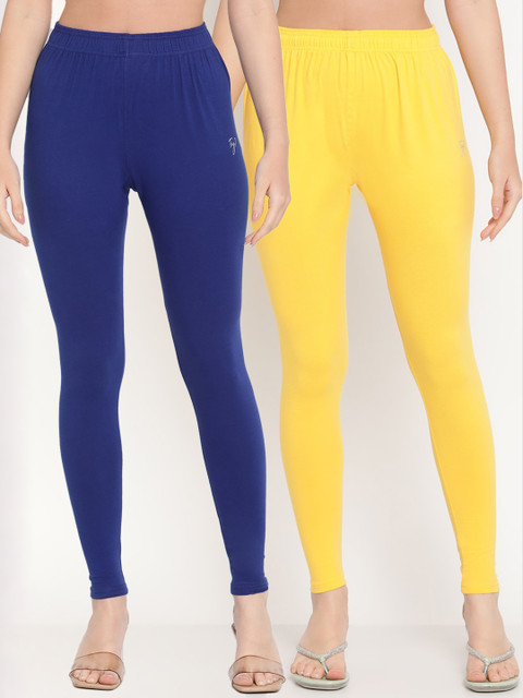 TAG 7 Women Blue & Yellow Pack Of 2 Solid Comfort-Fit Ankle-Length Leggings