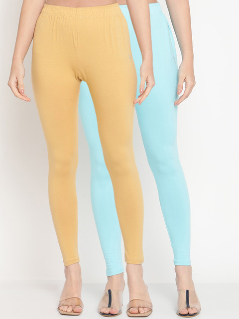 TAG 7 Women Pack Of 2 Beige & Turquoise Blue Solid Ankle-Length Leggings