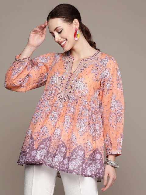 Ritu Kumar Women Peach-Coloured & Mauve Ethnic Motifs Printed Pure Cotton Kurti