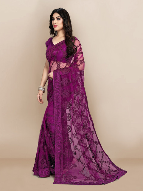 VAIRAGEE Purple Floral Embroidered Net Saree - Image 3