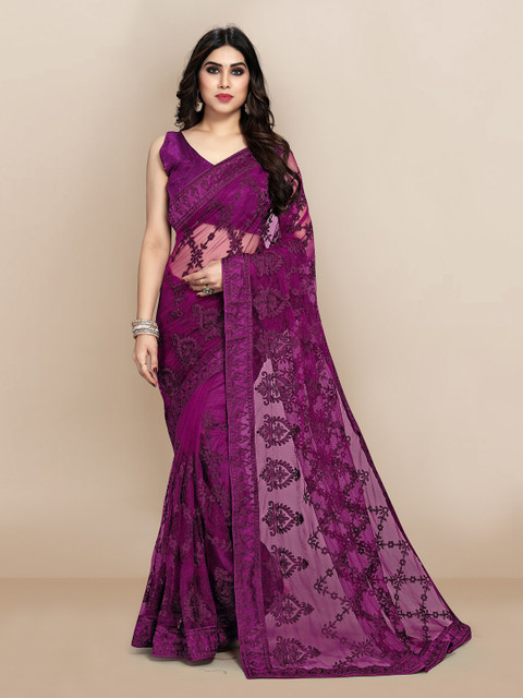 VAIRAGEE Purple Floral Embroidered Net Saree