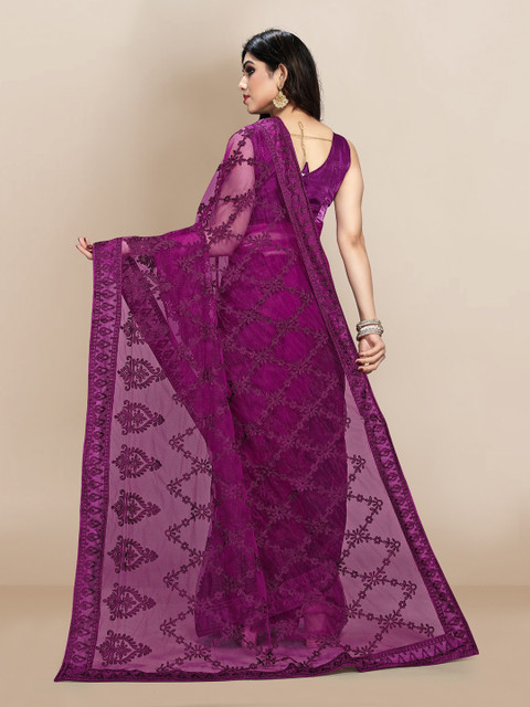 VAIRAGEE Purple Floral Embroidered Net Saree - Image 4