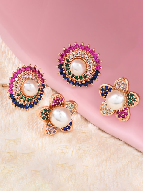 Zaveri Pearls Multicoloured Set Of 2 Cubic Zirconia Studded Contemporary Studs Earrings