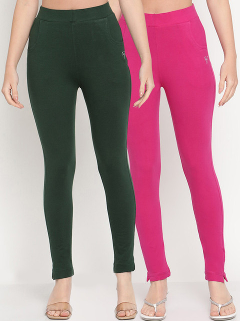 TAG 7 Set Of 2 Green & Pink Solid Leggings