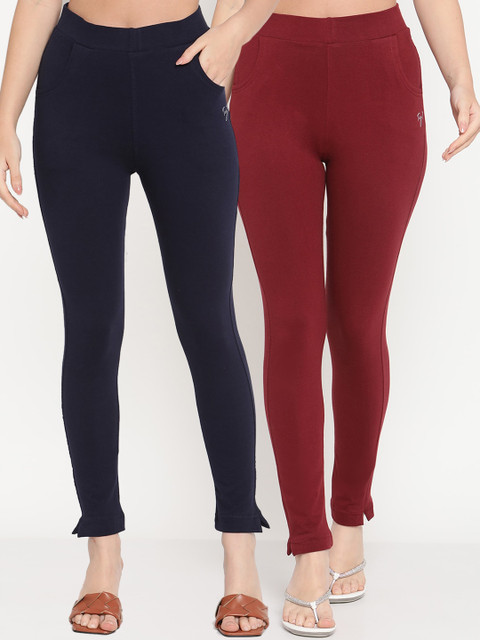 TAG 7 Set Of 2 Maroon & Navy Blue Solid Leggings