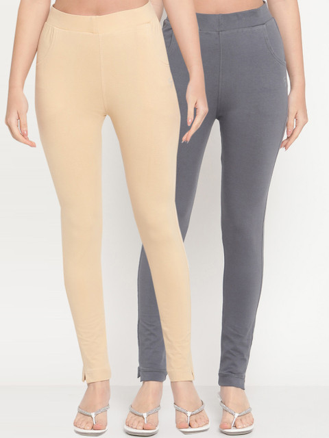 TAG 7 Women Pack of 2 Beige & Grey Solid Kurti Pants