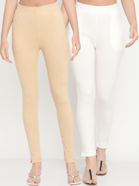 TAG 7 Women Beige & Off-White Pack of 2 Straight Fit Ankle-Length Leggings