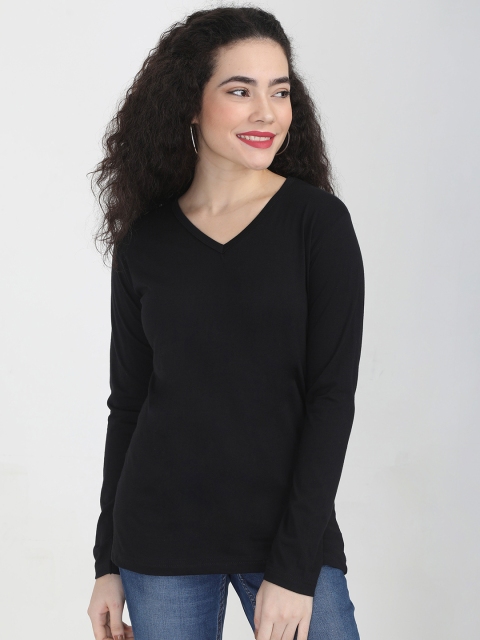 Fleximaa Women Black V-Neck T-shirt