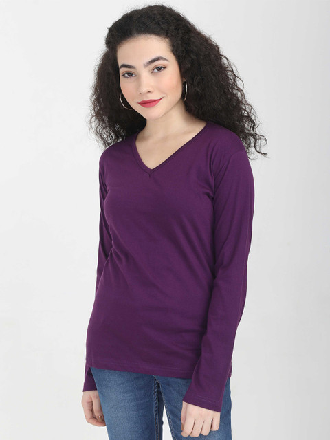 Fleximaa Women Purple Solid V-Neck Cotton T-shirt