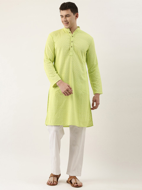 SWAGG INDIA Men Green Ethnic Motifs Embroidered Chikankari Kurta