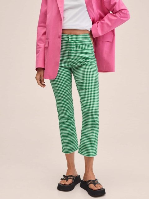 MANGO Women Green & White Checked Cropped Trousers