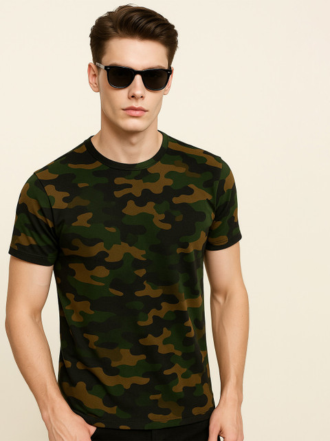 VEIRDO Men Olive Green & Beige Camouflage Printed T-shirt