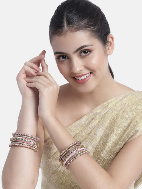 Peora Set Of 10 Pink Gold-Plated Velvet Matching Fancy Silk Thread Bangles - Image 2