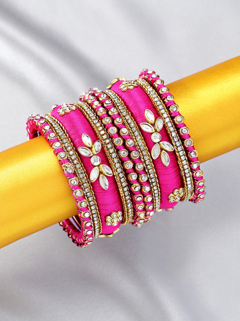 Peora Set Of 10 Pink Gold-Plated Stone Studded Silk Thread Bangles