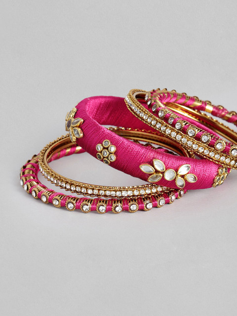 Peora Set Of 10 Pink Gold-Plated Stone Studded Silk Thread Bangles - Image 6