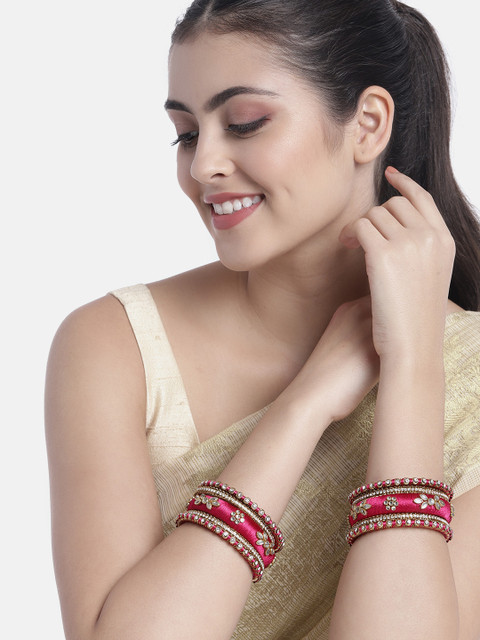 Peora Set Of 10 Pink Gold-Plated Stone Studded Silk Thread Bangles - Image 2