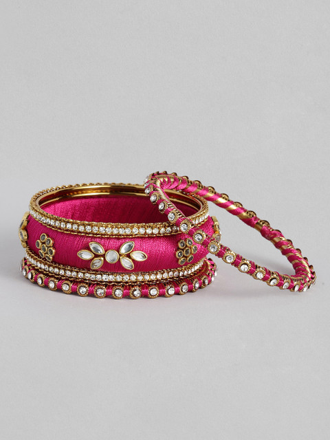 Peora Set Of 10 Pink Gold-Plated Stone Studded Silk Thread Bangles - Image 4