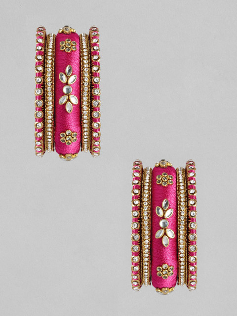 Peora Set Of 10 Pink Gold-Plated Stone Studded Silk Thread Bangles - Image 3