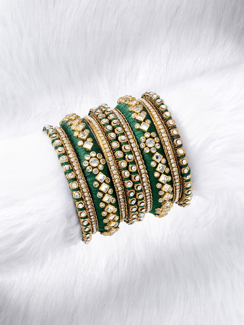 Peora Set Of 10 Green Gold-Plated Stone Studded Silk Thread Bangles
