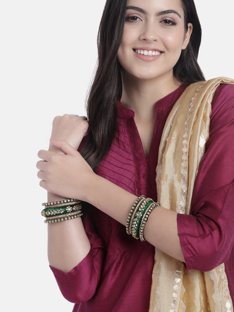 Peora Set Of 10 Green Gold-Plated Stone Studded Silk Thread Bangles - Image 2