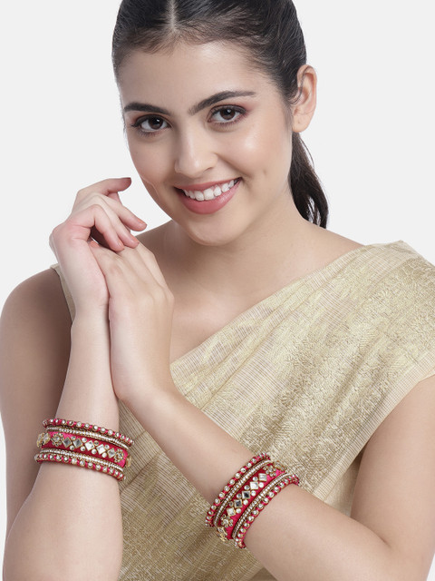 Peora Set Of 10 Pink Gold-Plated Stone Studded Silk Thread Bangles - Image 2